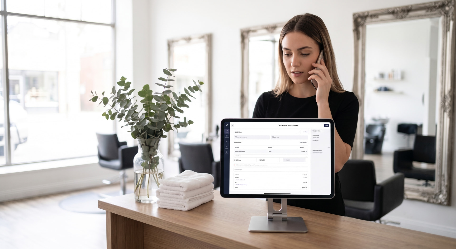 Salon owner managing a new appointment in Simple POS