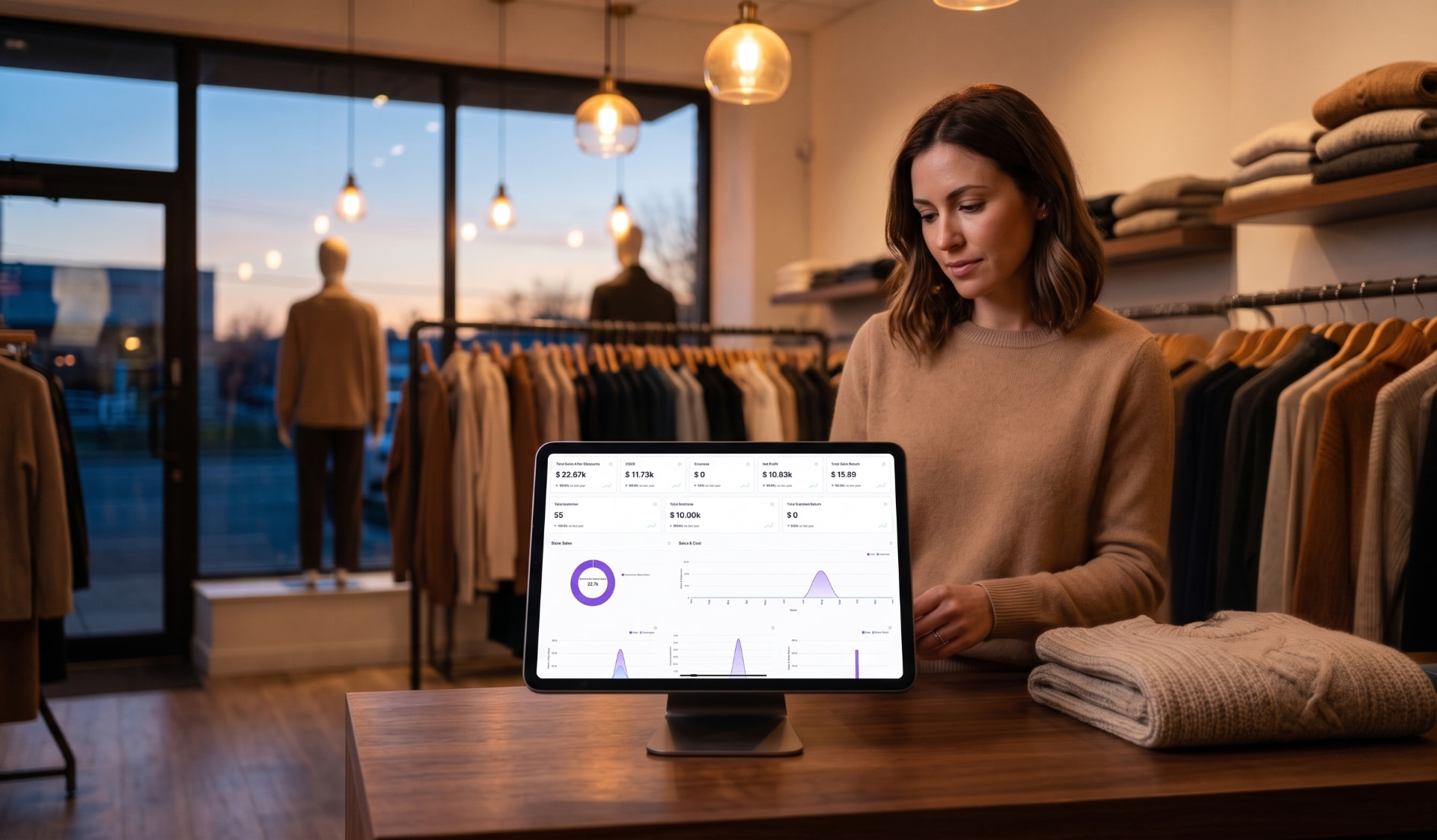 Clothing boutique owner reviewing Simple POS sales reports on an iPad