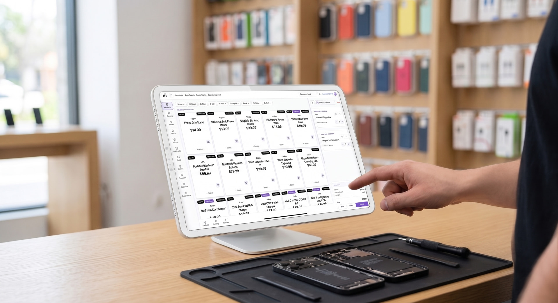 Simple POS product catalog on an iPad at an electronics repair counter