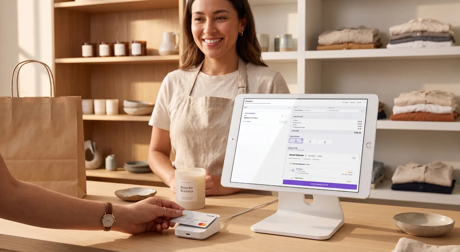 Customer tapping a card on a Simple POS reader at a boutique checkout